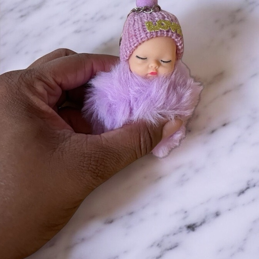 Pink and Purple Textured Knit Hat baby doll keychain